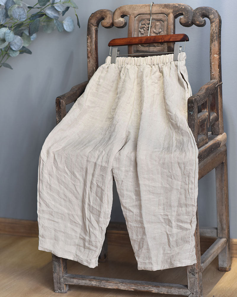 Cropped Artistic Casual Elastic Waist Loose Plus Size Linen Women's Pants