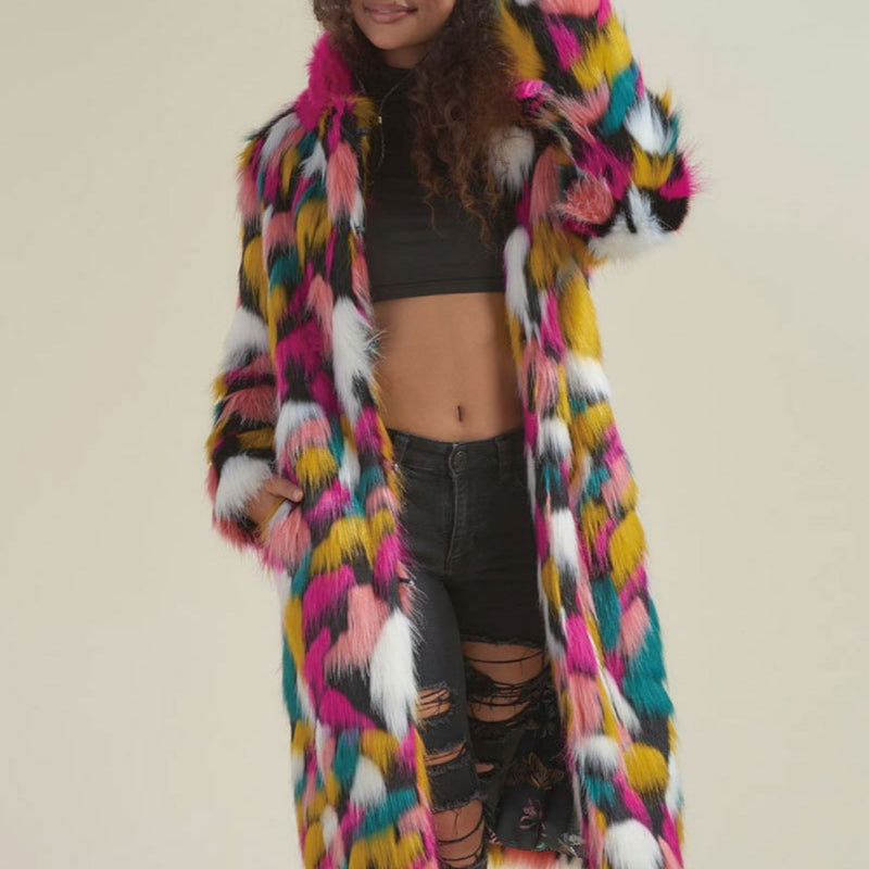 Women's Rainbow Fur Collar Imitation Fur Mid-length Coat