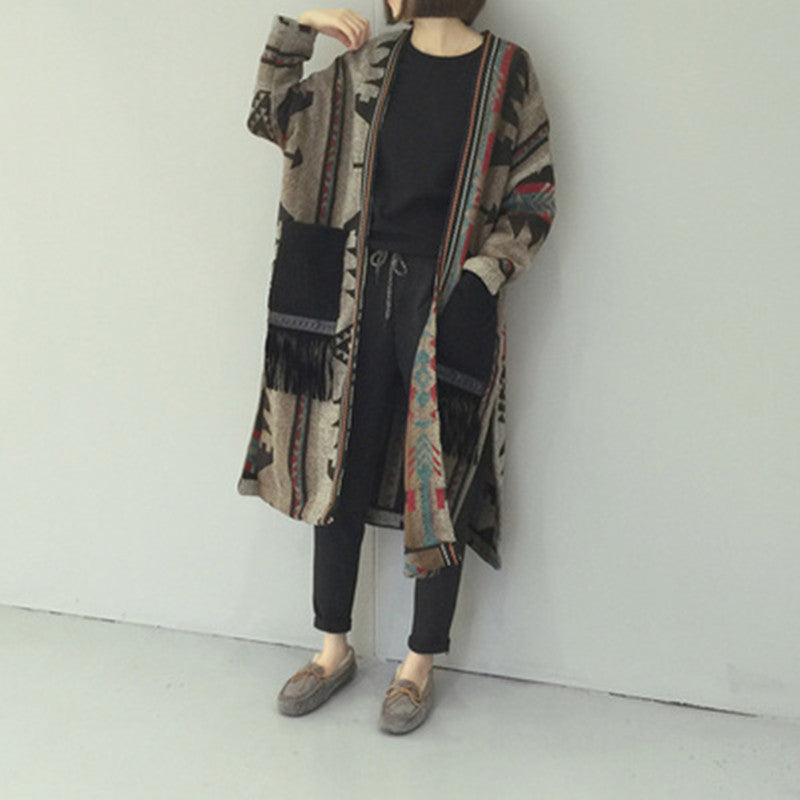 Large Slit Pockets Stitching Tassels Plus Long Woolen Coat