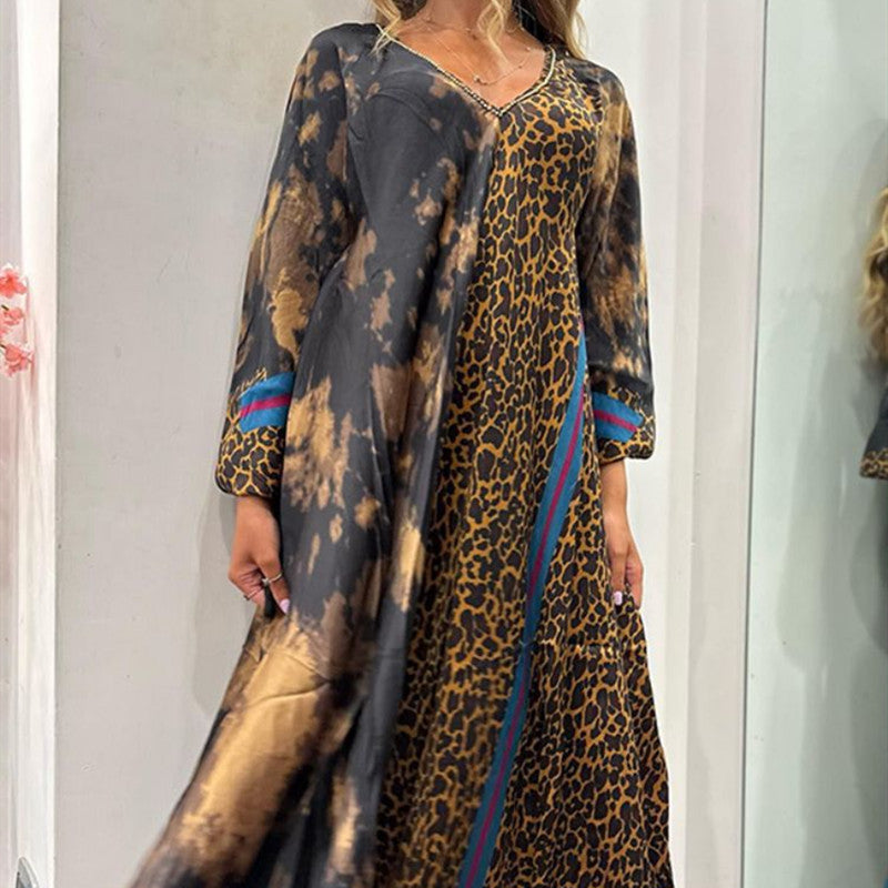 V-neck Loose Leopard Print Long Dress Women