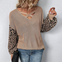 Lace Up Splice Leopard Pullover Sweater Women