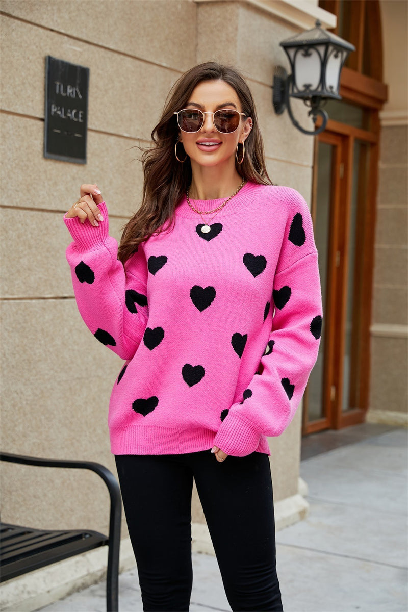 New Valentine's Day Heart Round Neck Plus Size Loose Women's Knit Sweater