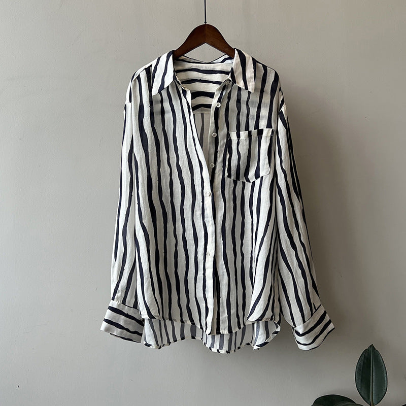 Vertical Striped Long-sleeved Shirt Lightweight Sun Protection Top