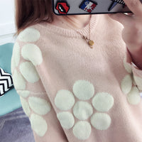 Round Neck Flower Padded College Style Pullover Sweater