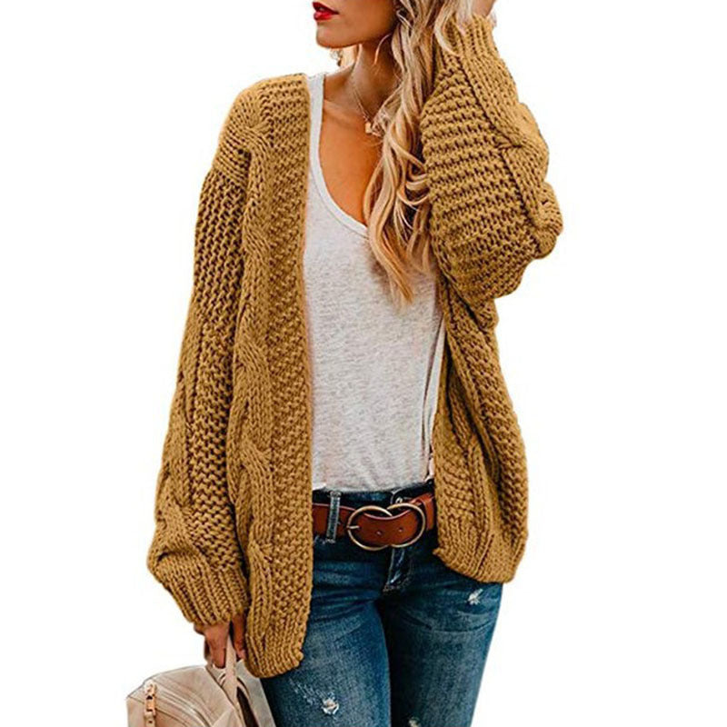 Women's Solid Color Thick Needle Loose Plus Size Knitwear Sweater Twist Cardigan