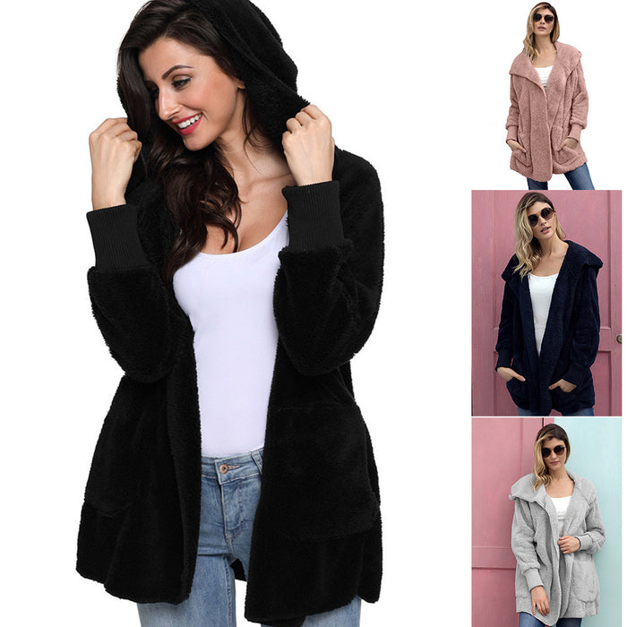 Casual Women's Hooded Solid Color Warm Plush Jacket