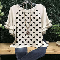 New Lace Ruffle Sleeves Crew Neck Print Colorblock Women's Loose T-Shirt