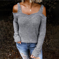 Women's Sling Off Shoulder Knit Solid Color Casual Long Sleeve Sweater