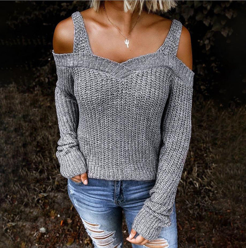 Women's Sling Off Shoulder Knit Solid Color Casual Long Sleeve Sweater