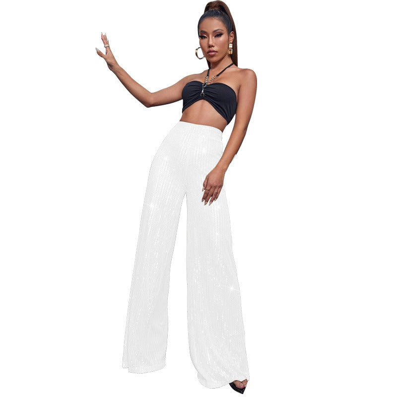 High Waist Casual Pants Sequins Loose-fitting Drape