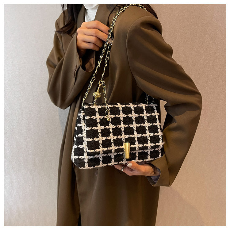 Versatile Cross-body Checked Chain Shoulder Bag