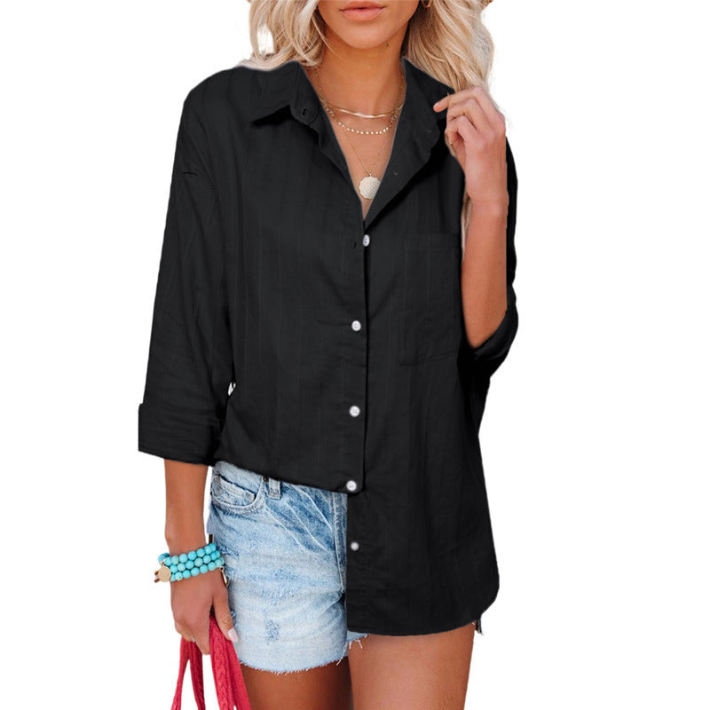 Single Breasted Solid Lapel Vertical Bar Blouse