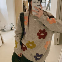 Pullove Round Neck Flower Mid-length Loose Sweater