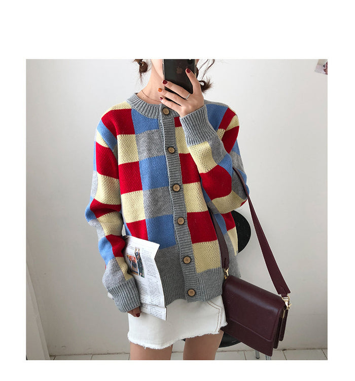 Autumn New Round Neck Plaid Cardigan Sweater Top