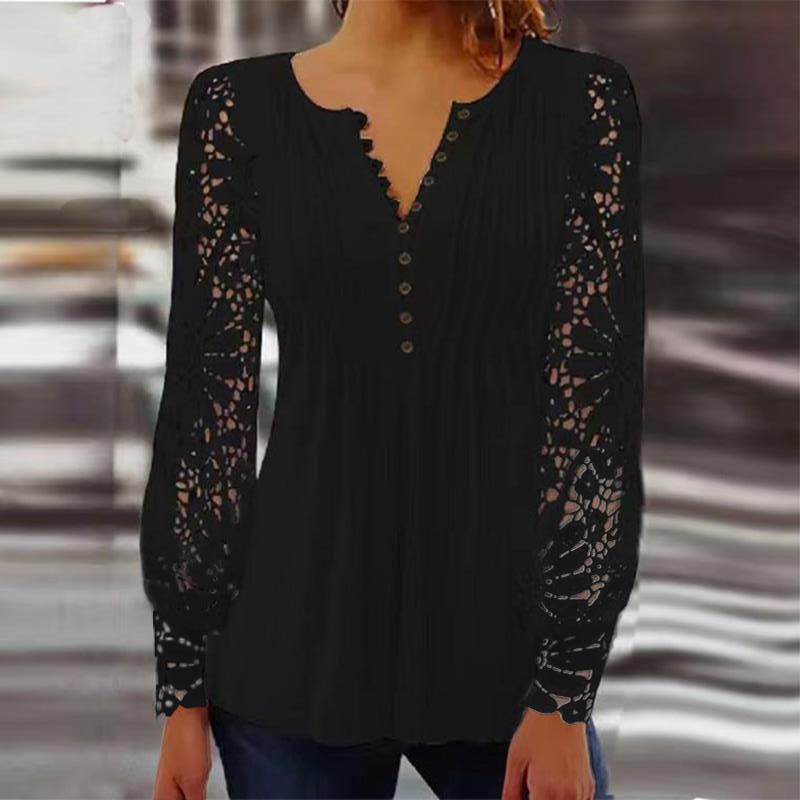 European And American Spring And Autumn Fashion Lace Lace Sleeve Pleated Solid Color Buttons T-shirt