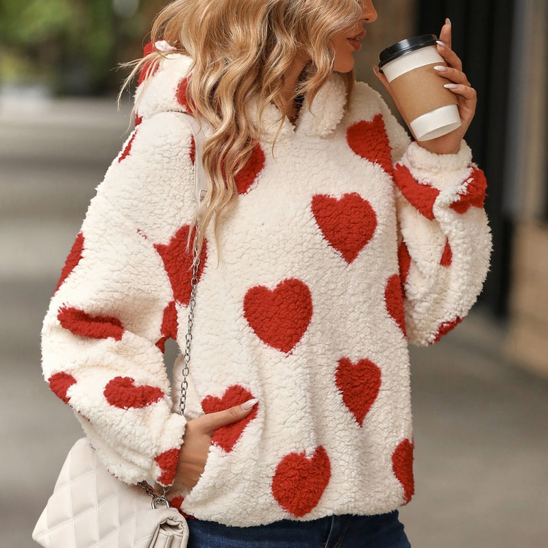 Plush Hooded Love Printed Pullover Sweatshirt Women