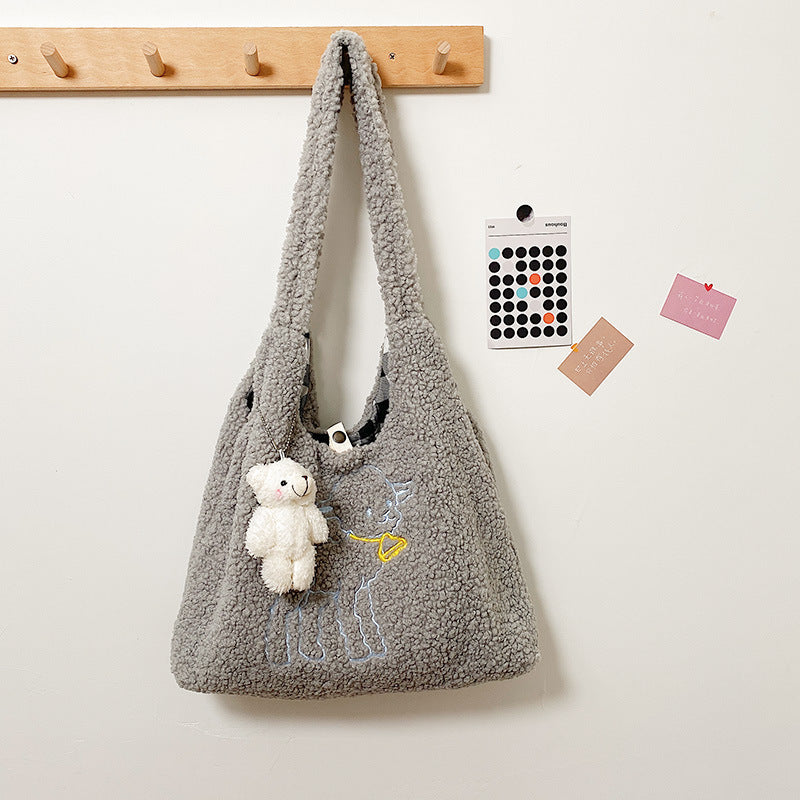 Embroidered Lamb Plush Soft Cute Girl Student Bag