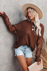 Loose Round Neck Cutout Floral Long-sleeved Sweater