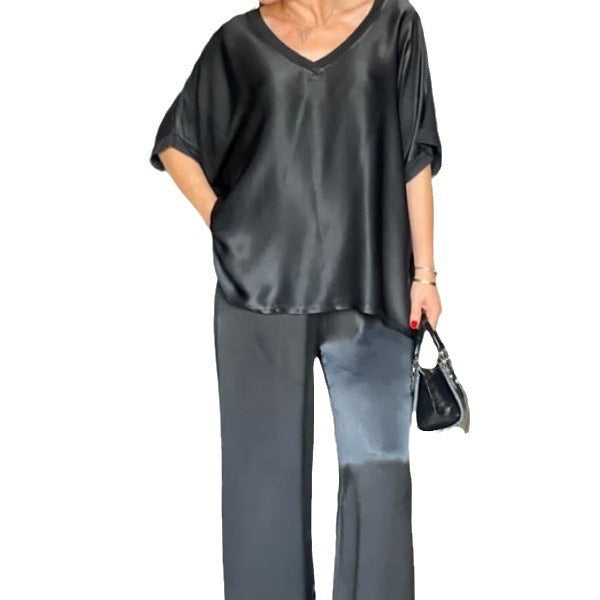 Casual V-neck Short Sleeve Wide Leg Pants Suit