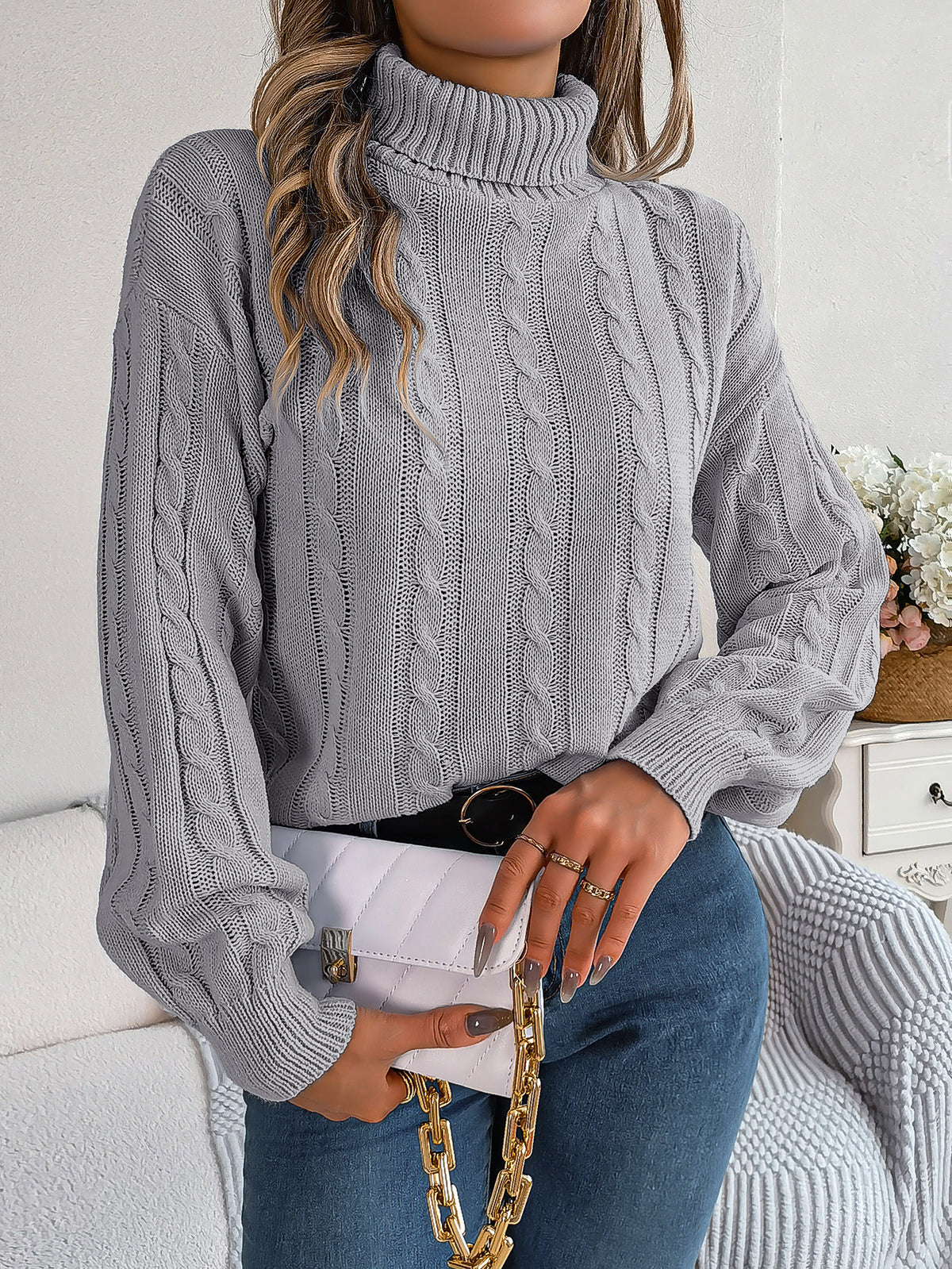 Women's Casual Solid Color Twist Long Sleeve Turtleneck Sweater