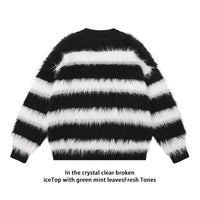 Black And White Striped Knitted Cardigan Jacket Casual Sweater