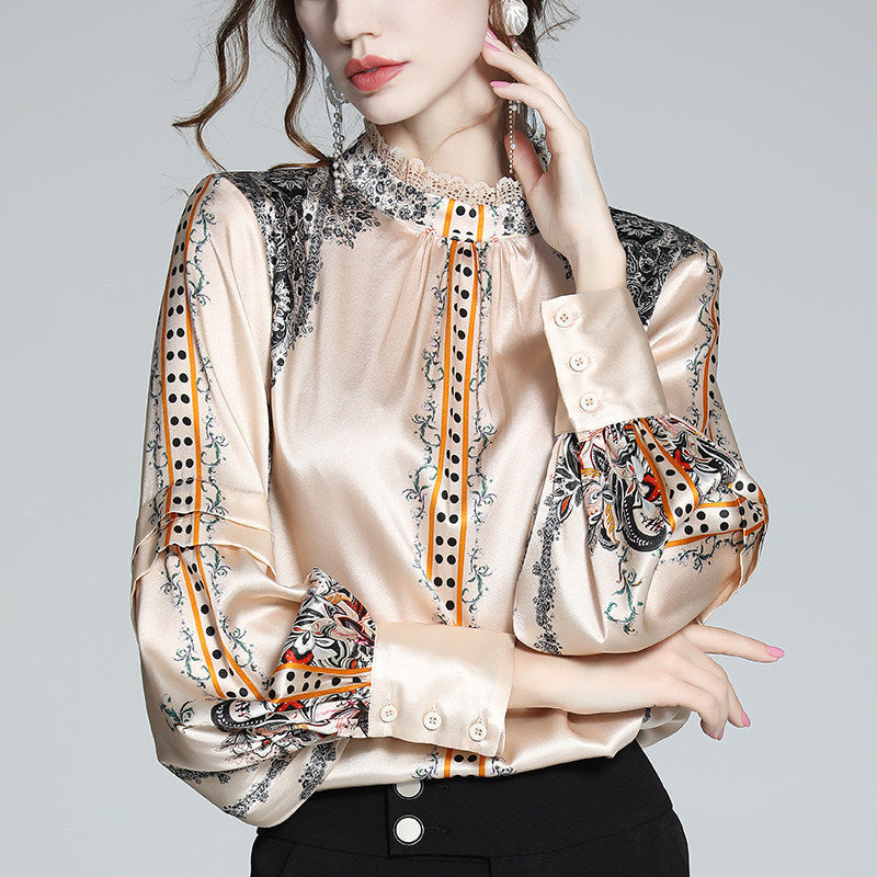 French Socialite Silk Printing Faux Silk Shirt