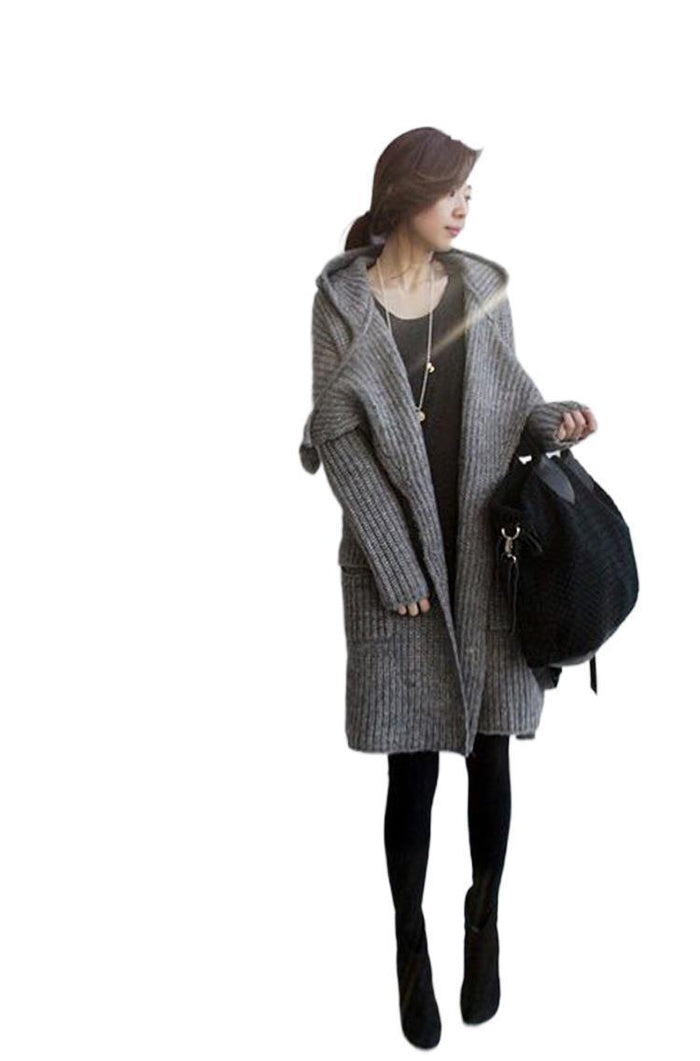 Women's Mid-length Hooded Waist Wide Loose Sweater Coat