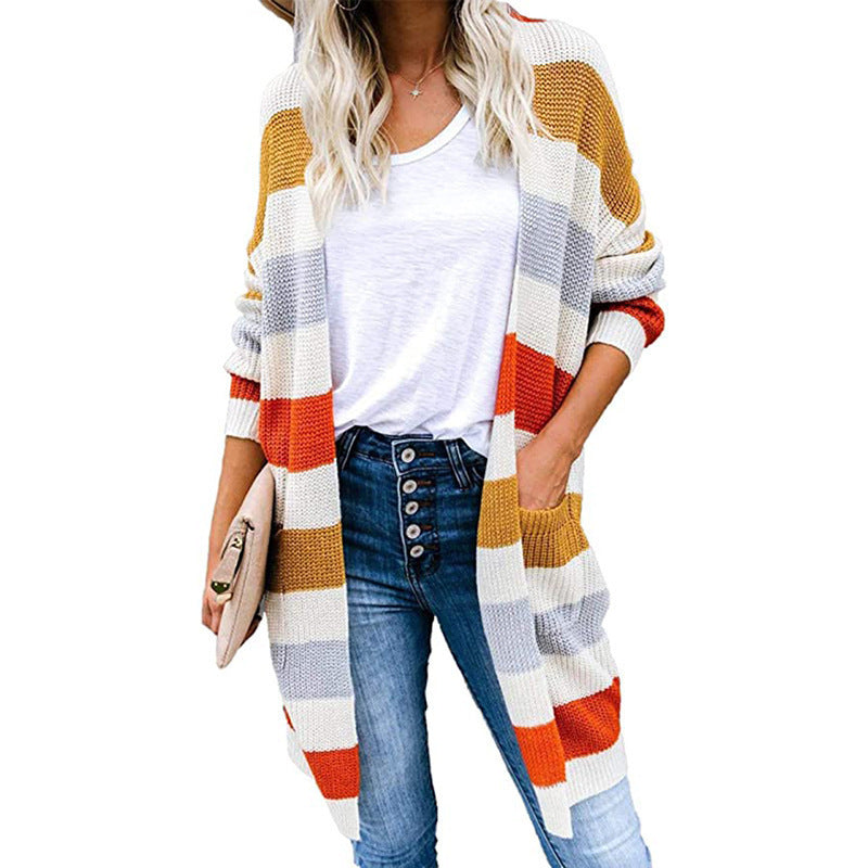 New Autumn And Winter Long Color-blocking Pocket Knitted Cardigan