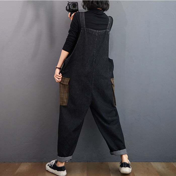 Women's New Style Denim Patch Pocket Suspender Ninth Pants