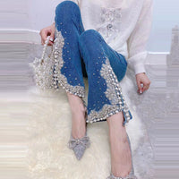 Heavy Industry Diamond-studded Bead Slit Micro-flared Pants