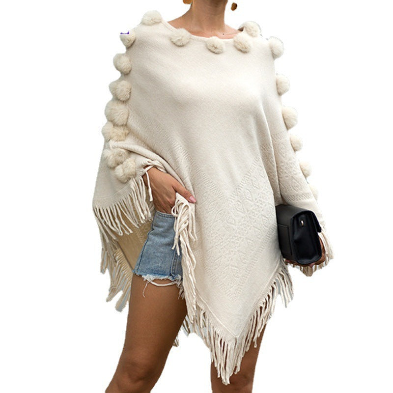 Fringed Cloak Shawl Hair Ball Round Neck Pullover Solid Color Sweater Women