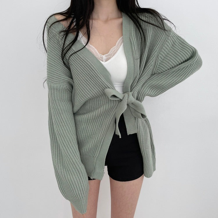 Pit Stripe Knitted Cardigan With Waist Strap Thickened Sweater