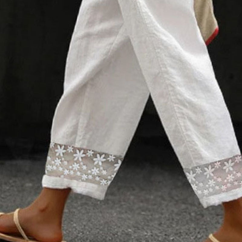 Cotton And Linen Trousers Elastic Waist Ankle-length Pants Stitching Lace