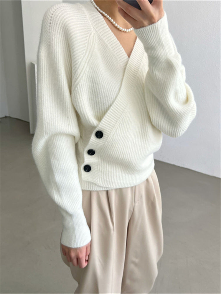 Irregular Short Knit Long Sleeve Bevel Button V Neck Top