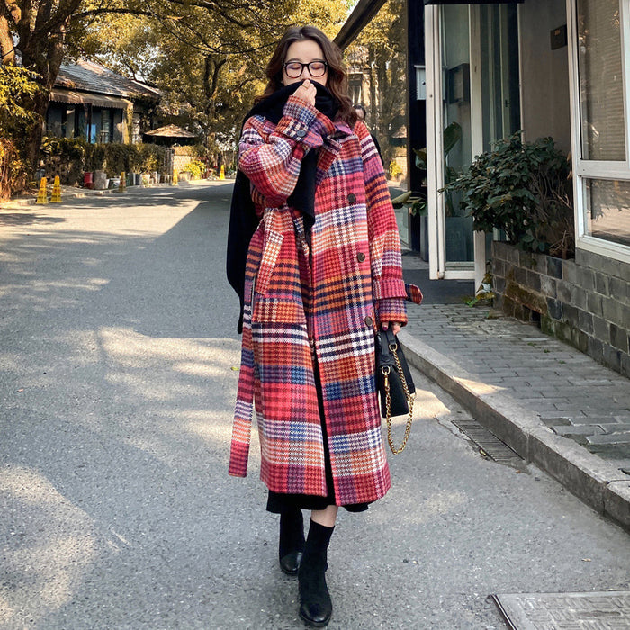 Winter New Plus Size Women's Thick Woolen Retro Check Woolen Coat