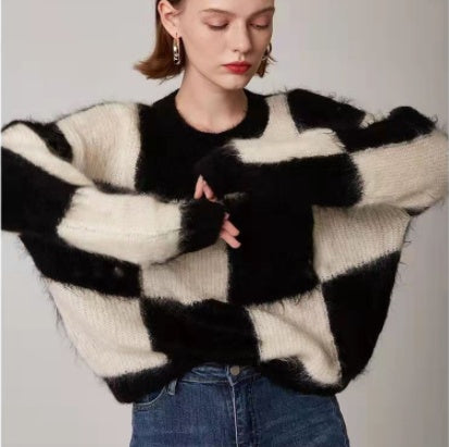 Slim Double Checkered European Version Mohair Knitted Sweater