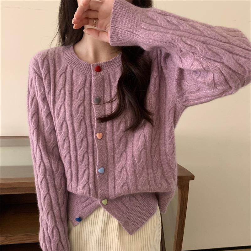 Gentle Color Heart Buckle Cable-knit Sweater Coat For Women