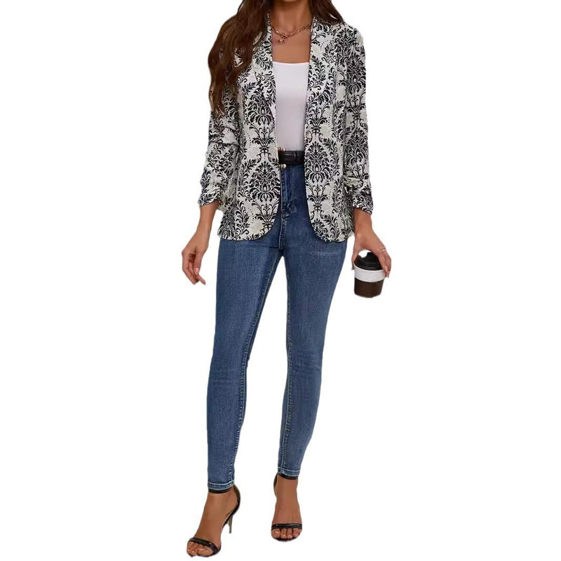 Women's Fashionable Cardigan Lapel Long Sleeve Printed Jacket Small Suit