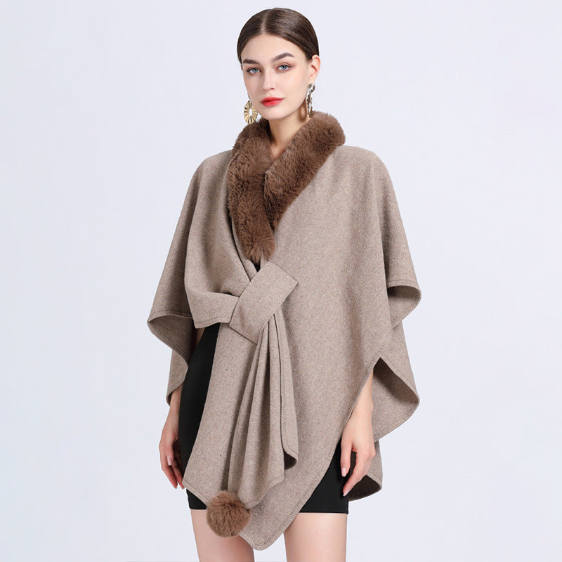 Imitation Rex Rabbit Fur Collar Cape And Shawl Female Loose Knitted Cardigan