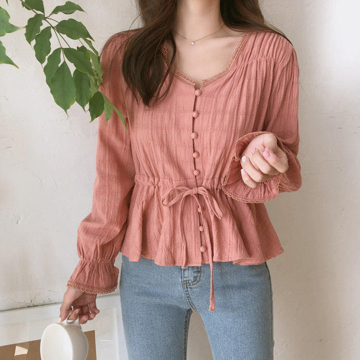 Loose And Sweet Solid Color Long-sleeved Waist Top