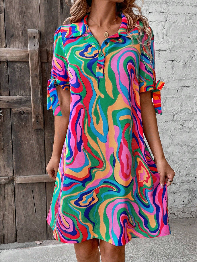 European And American Fluid Print Shirt Dress Half Sleeve Bow Casual