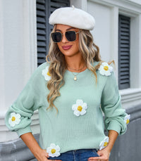 Women's Pullover Flower Sweater Round Neck Long Sleeve