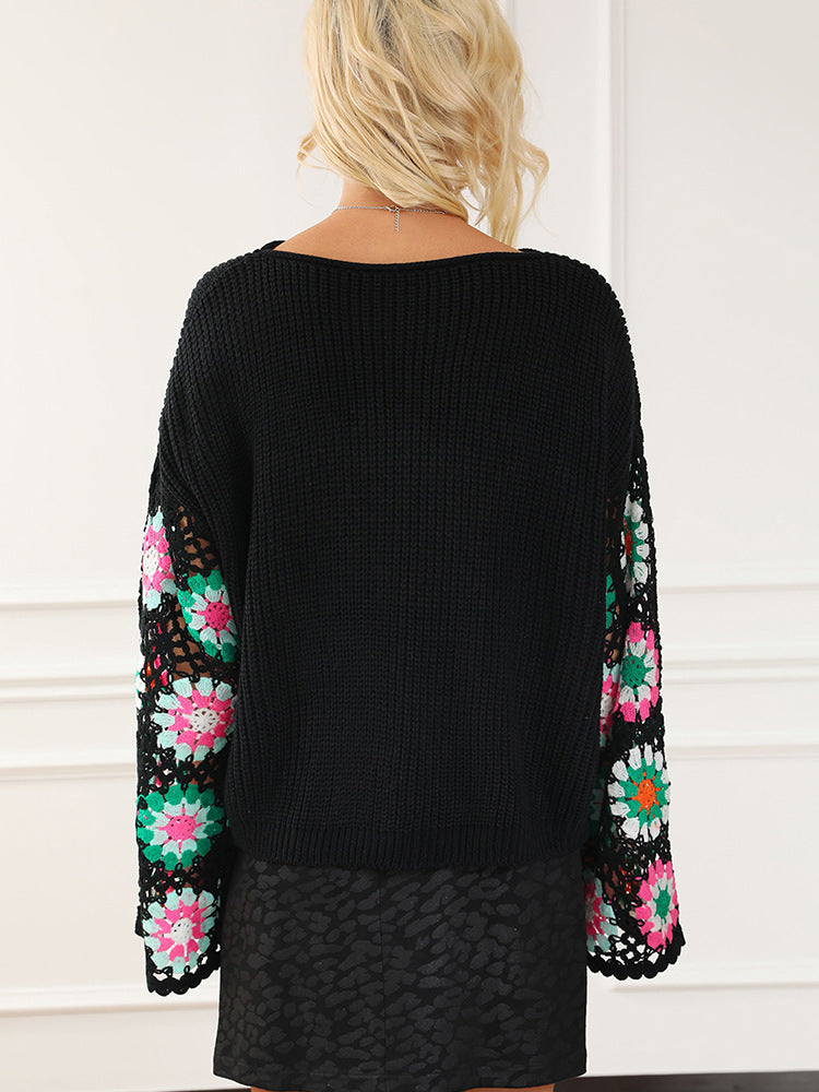 Women's Casual Loose Floral Crochet Knitted Sweater