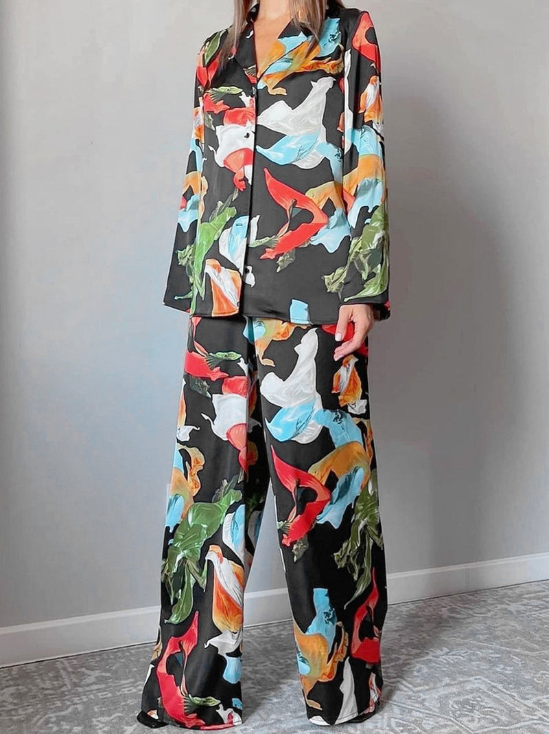 Women's Fashion Print Top Wide Leg Pants Suit