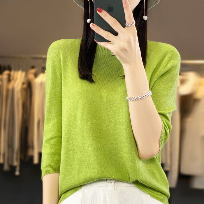 Front Line Ready-made Garments Worsted Sweater Half Sleeve Round Neck Pure Color All-matching Loose T-shirt