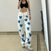 Women's Heart Print Contrast High Waist Denim Straight Pants