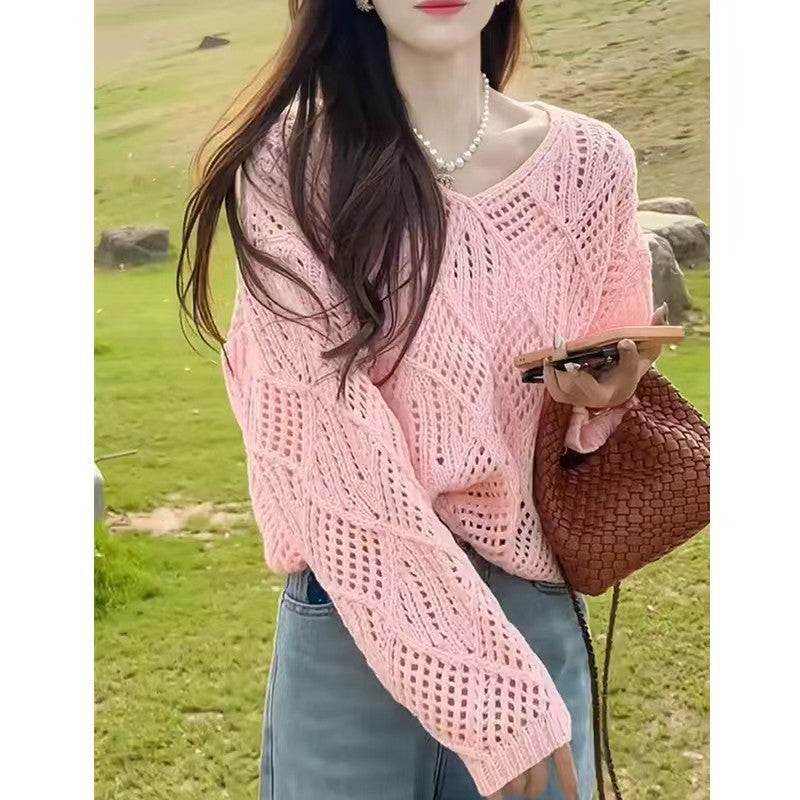 Hollow Sweater V-neck Long Korean Style Loose