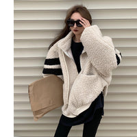 Contrasting Loose Collar Zipper Cardigan Lamb Plush Jacket