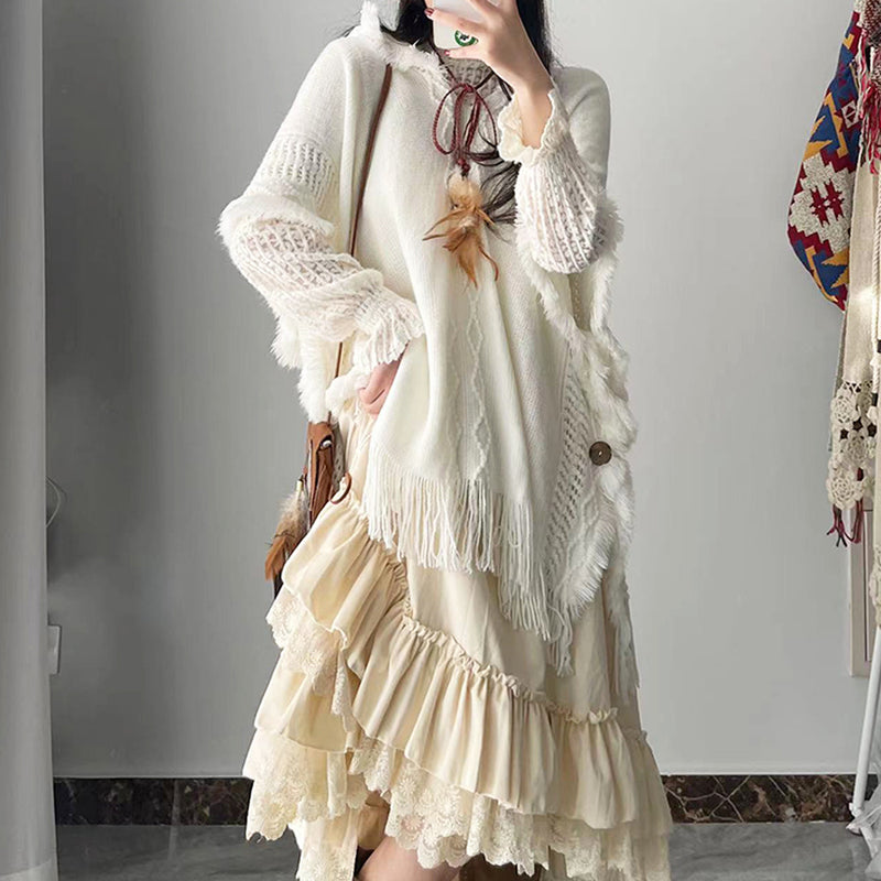 Fringed Sweater Shawl Sweater Women's Creamy-white Cloak