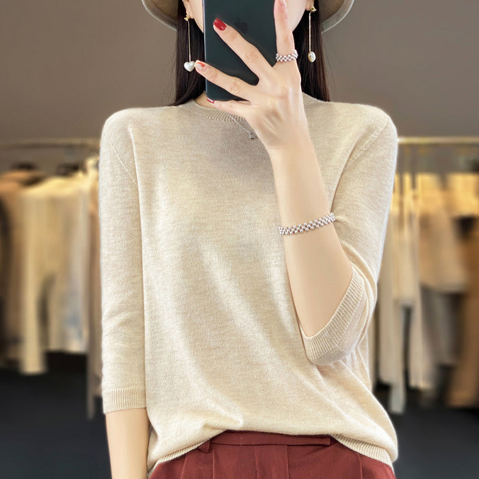 Front Line Ready-made Garments Worsted Sweater Half Sleeve Round Neck Pure Color All-matching Loose T-shirt